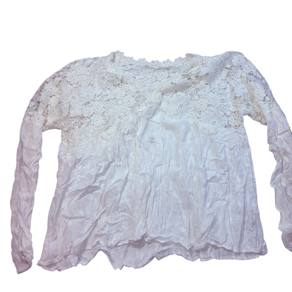 Free People Ivory Lace Panel Crinkle Long Sleeve Peasant Blouse Top‎ OB1037951